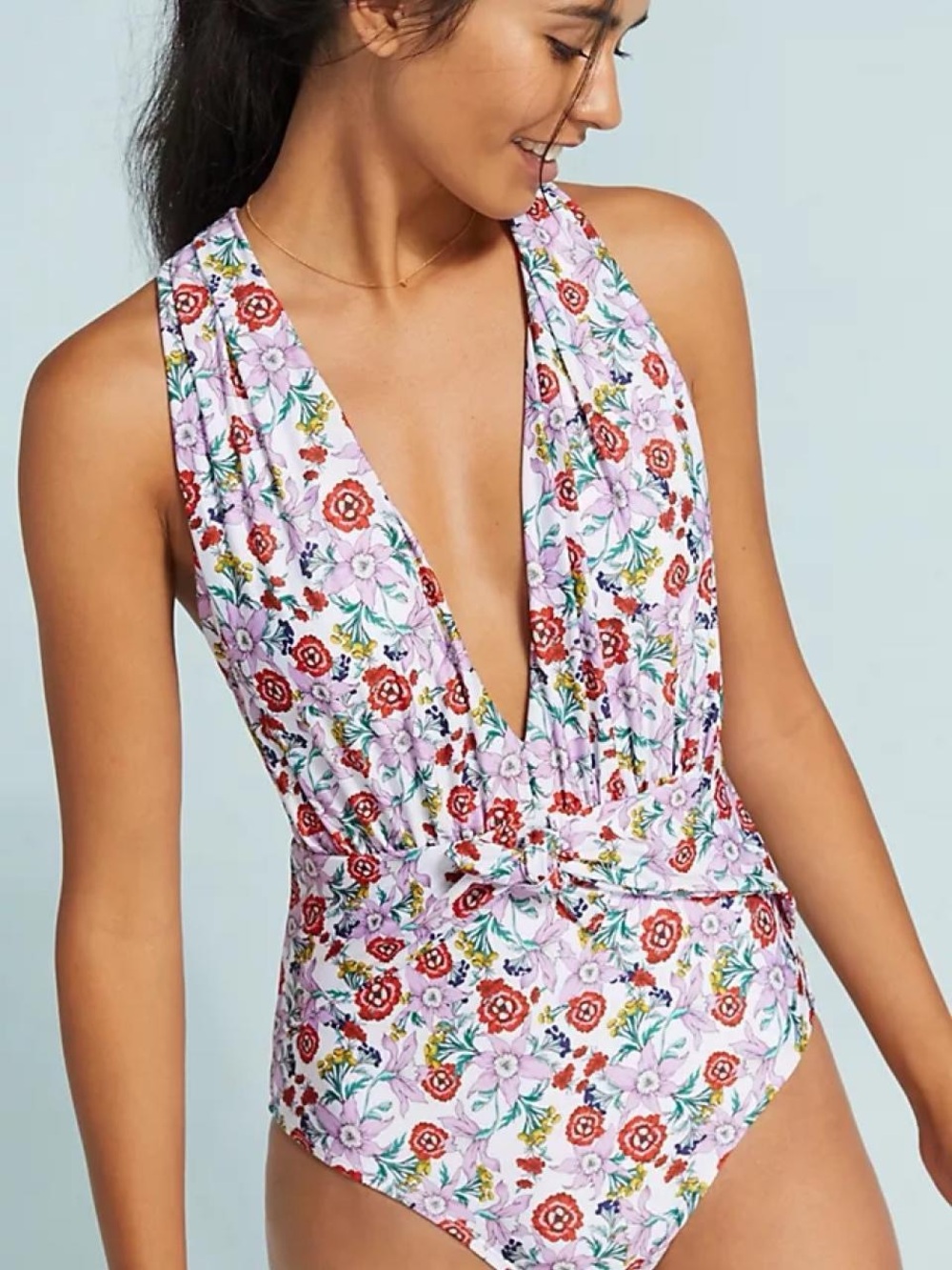 Anthropologie Floral Plunge One-Piece Swimsuit - Pink Floral